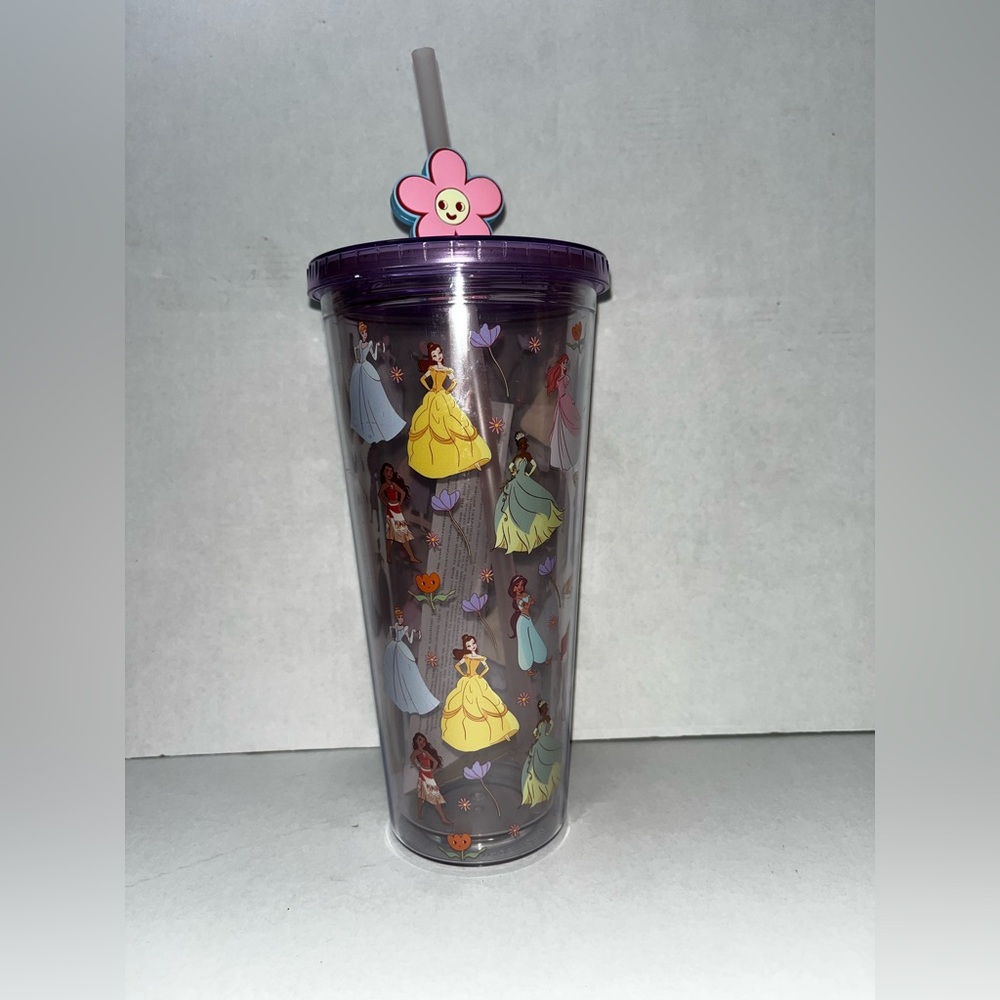 24oz Plastic Disney Princess Tumbler with Purple Lid & Flower Straw Charm - NEW